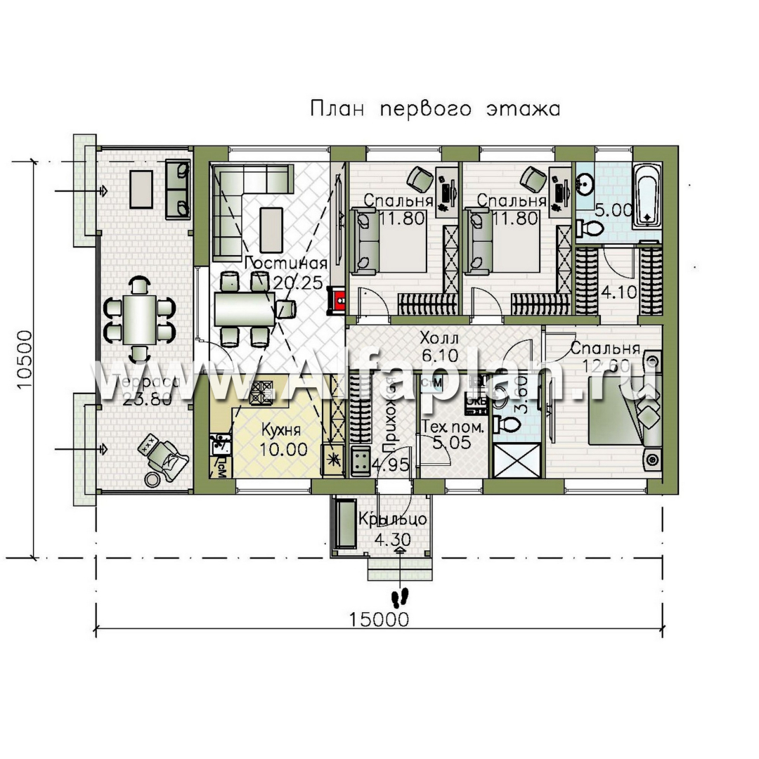 Проекты домов Альфаплан - "Пикколо" - экономичный одноэтажный дом из гзобетонных блоков, с террасой - изображение плана проекта №1