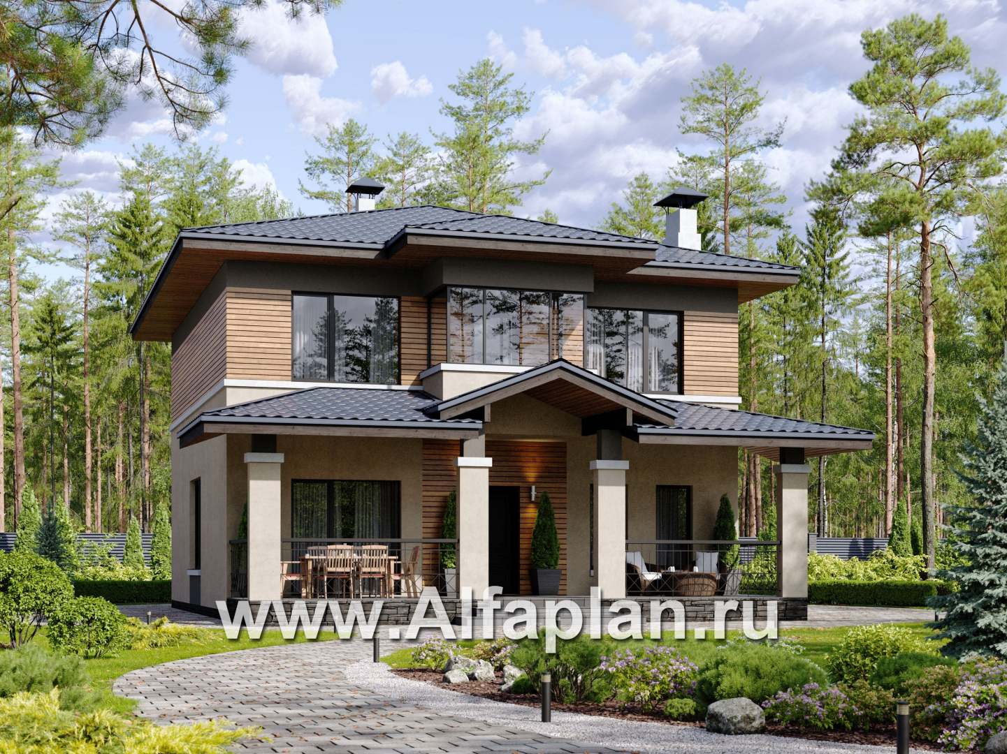 Проекты домов Альфаплан - "Невада" - проект дома из газобетона в стиле Райта - основное изображение