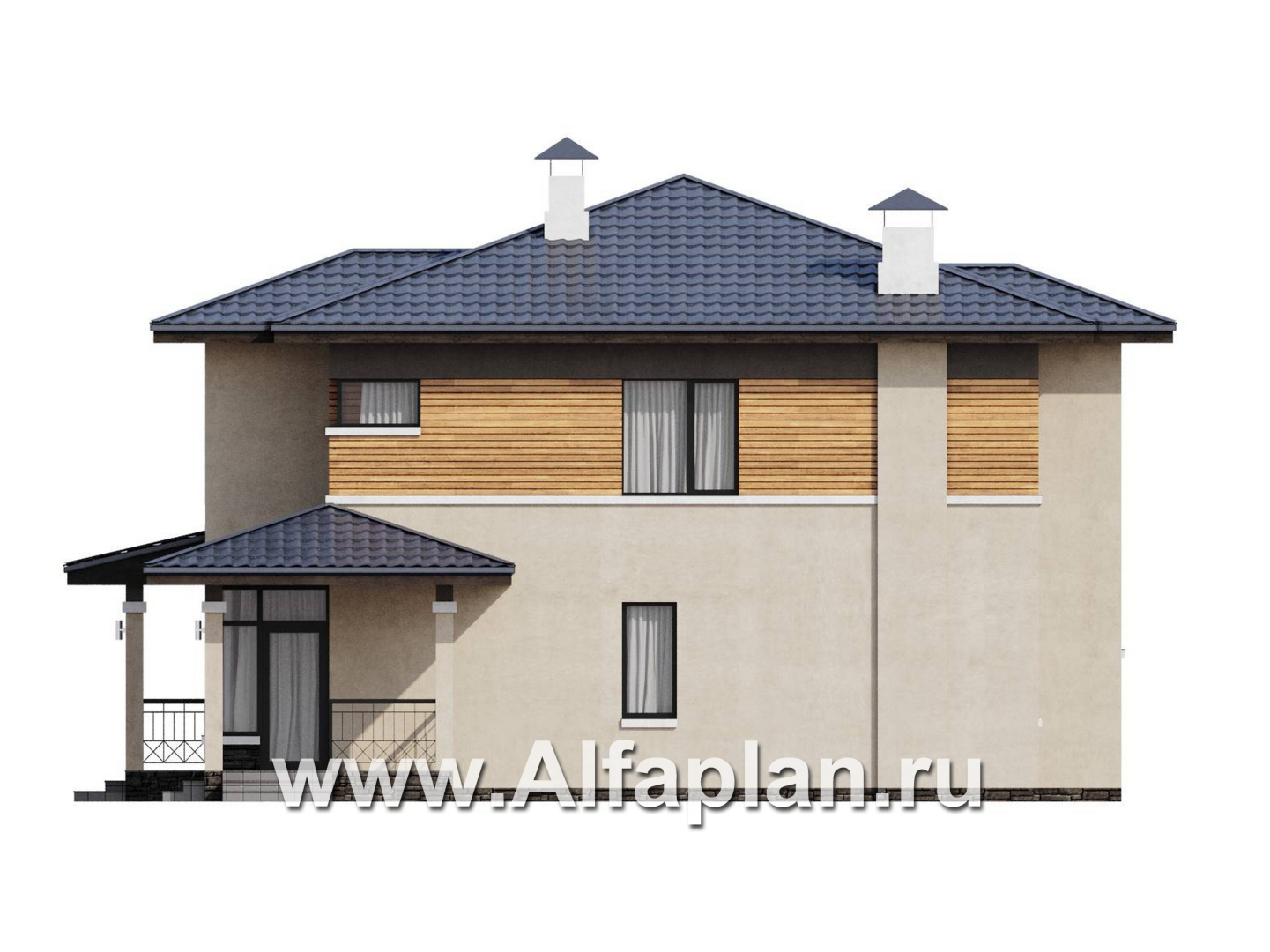 Проекты домов Альфаплан - "Монтана" - проект двухэтажного дома из кирпичей в стиле прерий (Райта) - изображение фасада №2