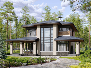 Проекты домов Альфаплан - "Монтана" - проект двухэтажного дома из кирпичей в стиле прерий (Райта) - превью основного изображения