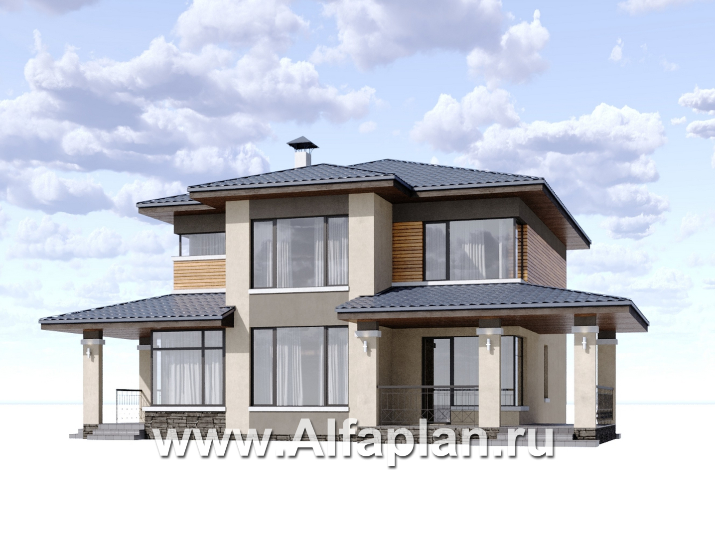Проекты домов Альфаплан - "Монтана" - проект двухэтажного дома из кирпичей в стиле Райта - дополнительное изображение №1