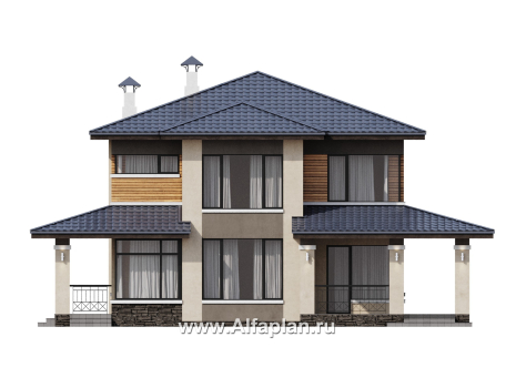 Проекты домов Альфаплан - "Монтана" - проект двухэтажного дома из кирпичей в стиле Райта - превью фасада №1