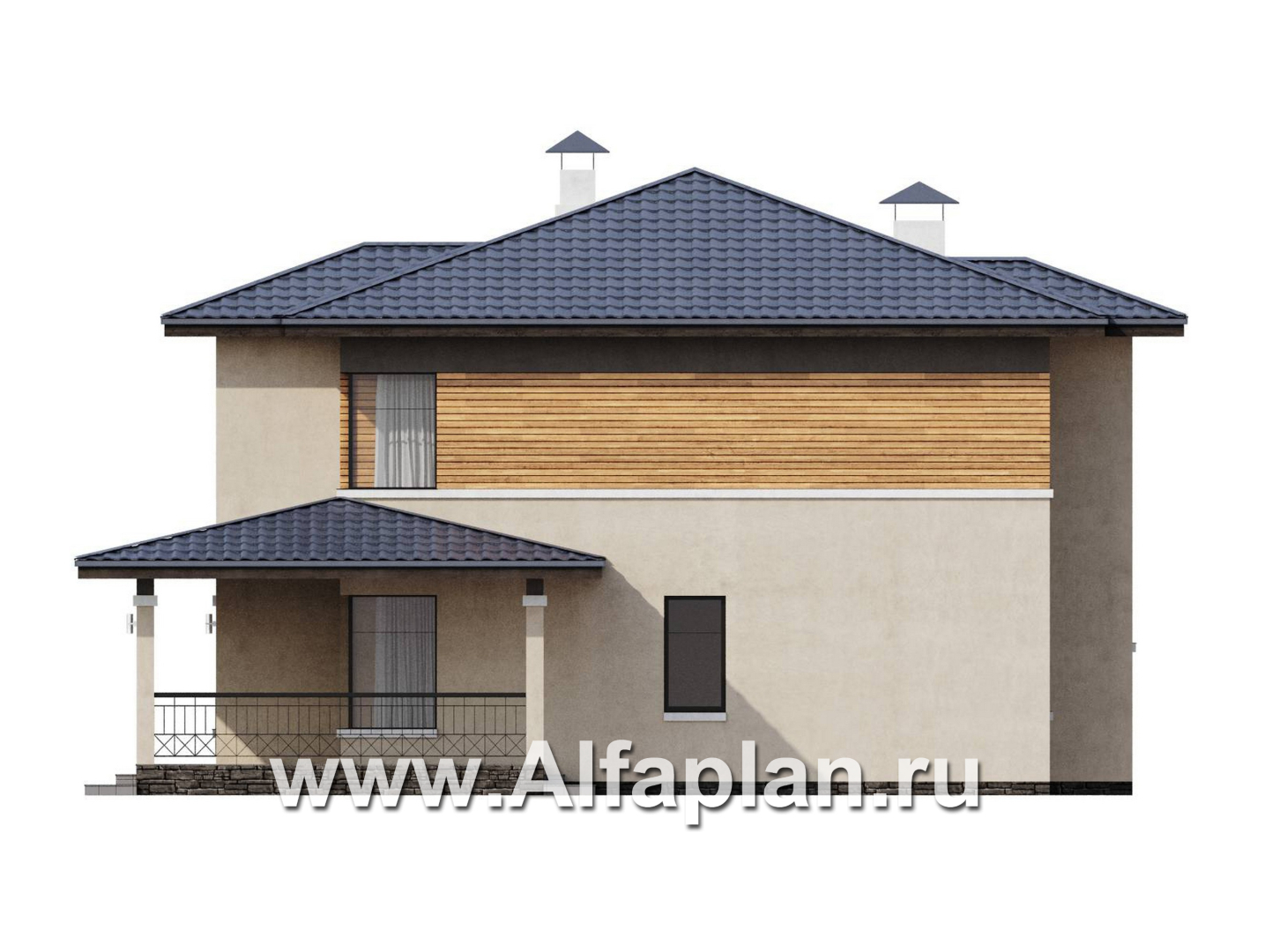 Проекты домов Альфаплан - "Монтана" - проект двухэтажного дома из кирпичей в стиле прерий (Райта) - изображение фасада №2