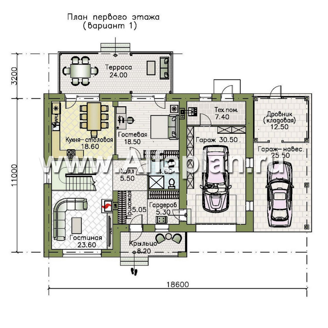 Проекты домов Альфаплан - "Вуокса" - современный двухэтажный коттедж, штукатурные фасады, с гаражом - изображение плана проекта №1