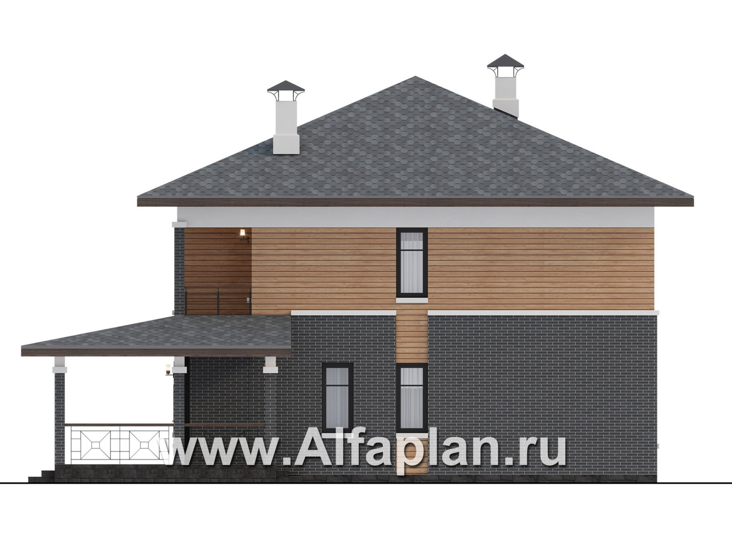 Проекты домов Альфаплан - "Отрадное" - дизайн дома в стиле Райта, с террасой на главном фасаде - изображение фасада №2