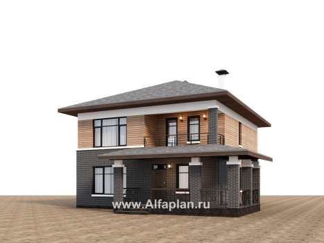 Проекты домов Альфаплан - "Отрадное" - дизайн дома в стиле Райта, с террасой на главном фасаде - превью дополнительного изображения №1