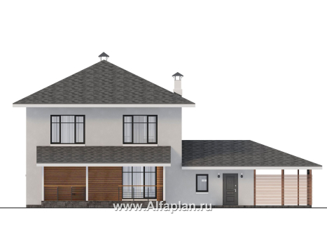 «Селигер» - проект двухэтажного дома из газобетона, с гаражом на 2 авто, фасады из штукатурки - превью фасада дома