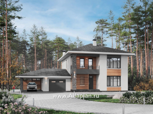 «Селигер» - проект двухэтажного дома из газобетона, с гаражом на 2 авто, фасады из штукатурки