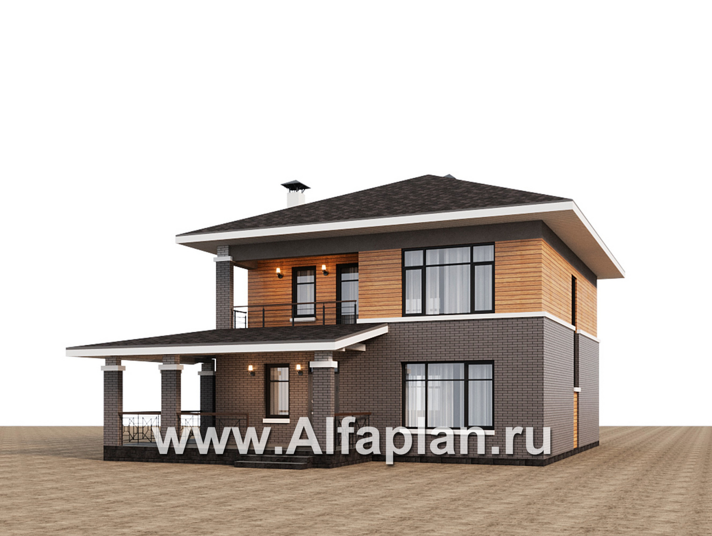 Проекты домов Альфаплан - "Отрадное" - дизайн дома в стиле Райта, с террасой на главном фасаде - дополнительное изображение №6