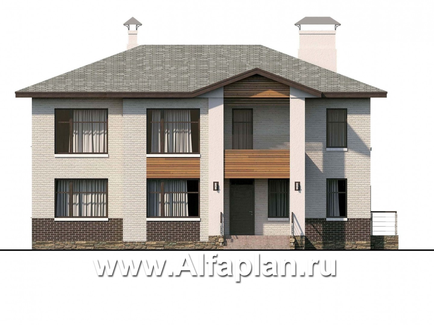 Проекты домов Альфаплан - «Высшая лига» -  Дом с двумя жилыми комнатами на 1эт, большой гостиной и крытой террасой - изображение фасада №1