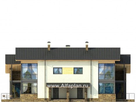 Проект дома с мансардой, современный таунхаус на 2 семьи (дуплекс), в стиле минимализм - превью фасада дома