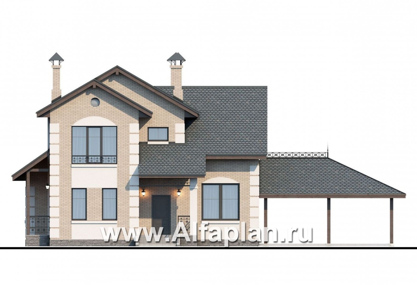 Проекты домов Альфаплан - «Verum» - двуxэтажный коттедж с компактным планом и навесом  для машин - изображение фасада №1
