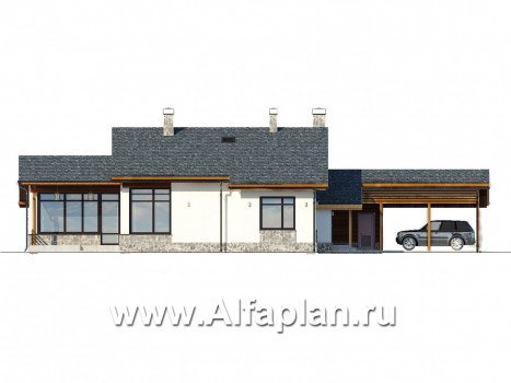 Проекты домов Альфаплан - Загородный дом с двумя спальными на 1-м этаже и навесом для двух авто - превью фасада №1