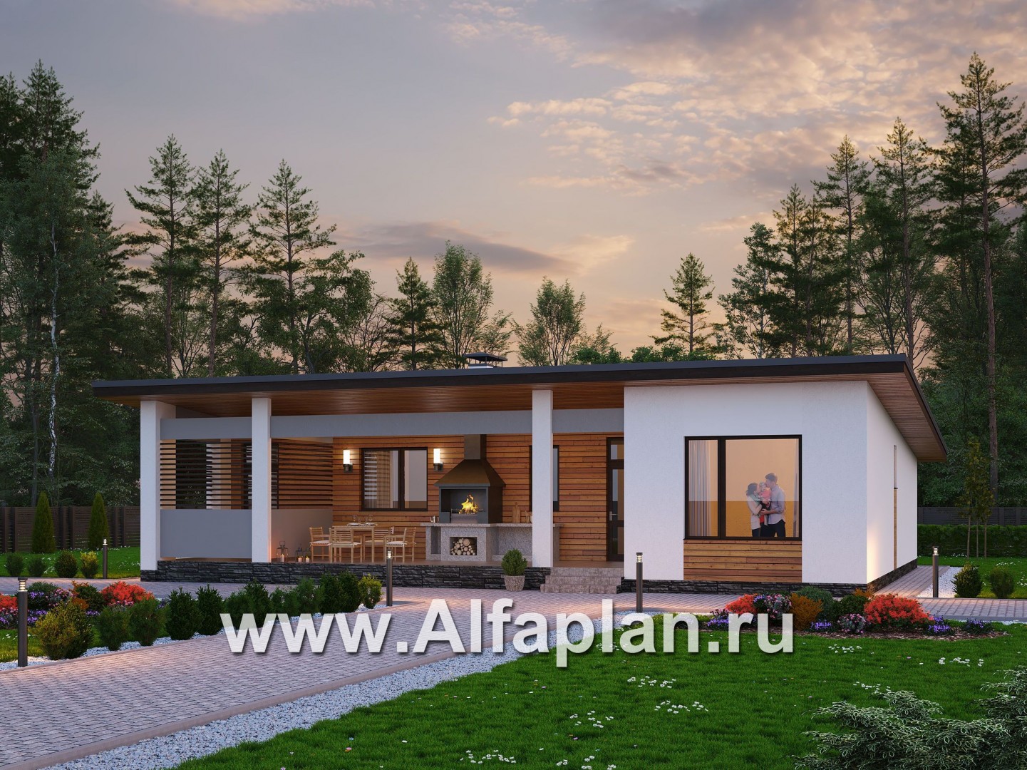 Проекты домов Альфаплан - «Эпсилон» - одноэтажный дом с сауной и джакузи на террасе - основное изображение