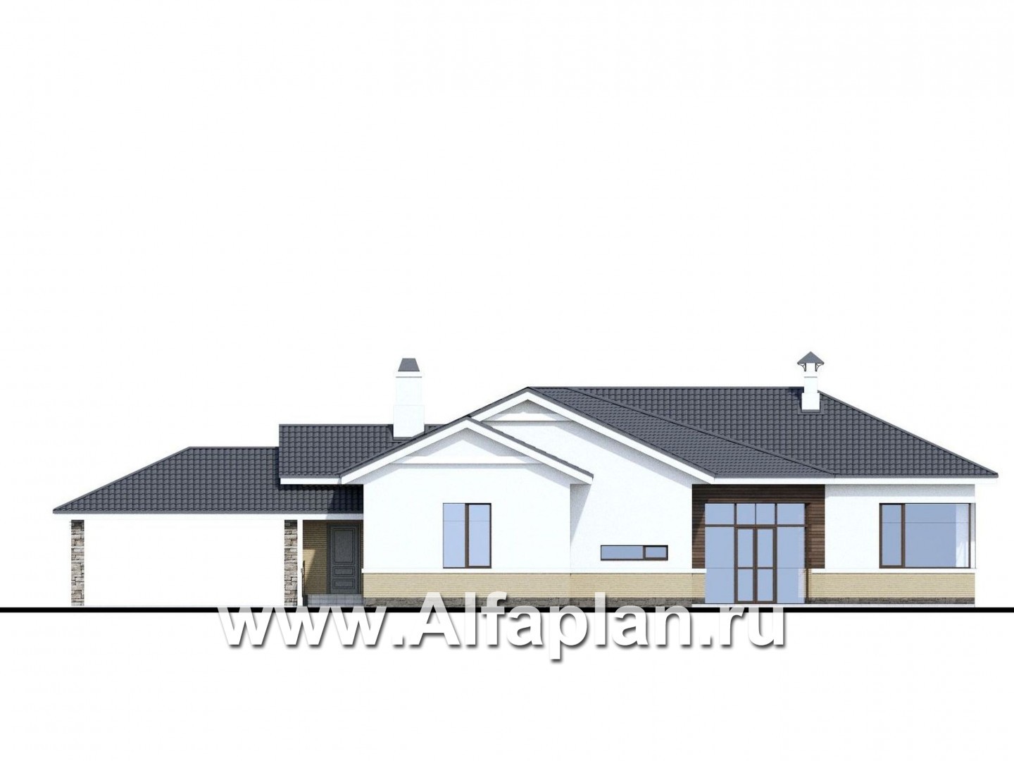 Проекты домов Альфаплан - «Альтер Эго» - эксклюзивный одноэтажный кирпичный дом - изображение фасада №2