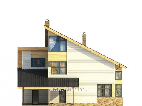 Проекты домов Альфаплан - Каркасный дом с террасой и навесом для машины - превью фасада №3