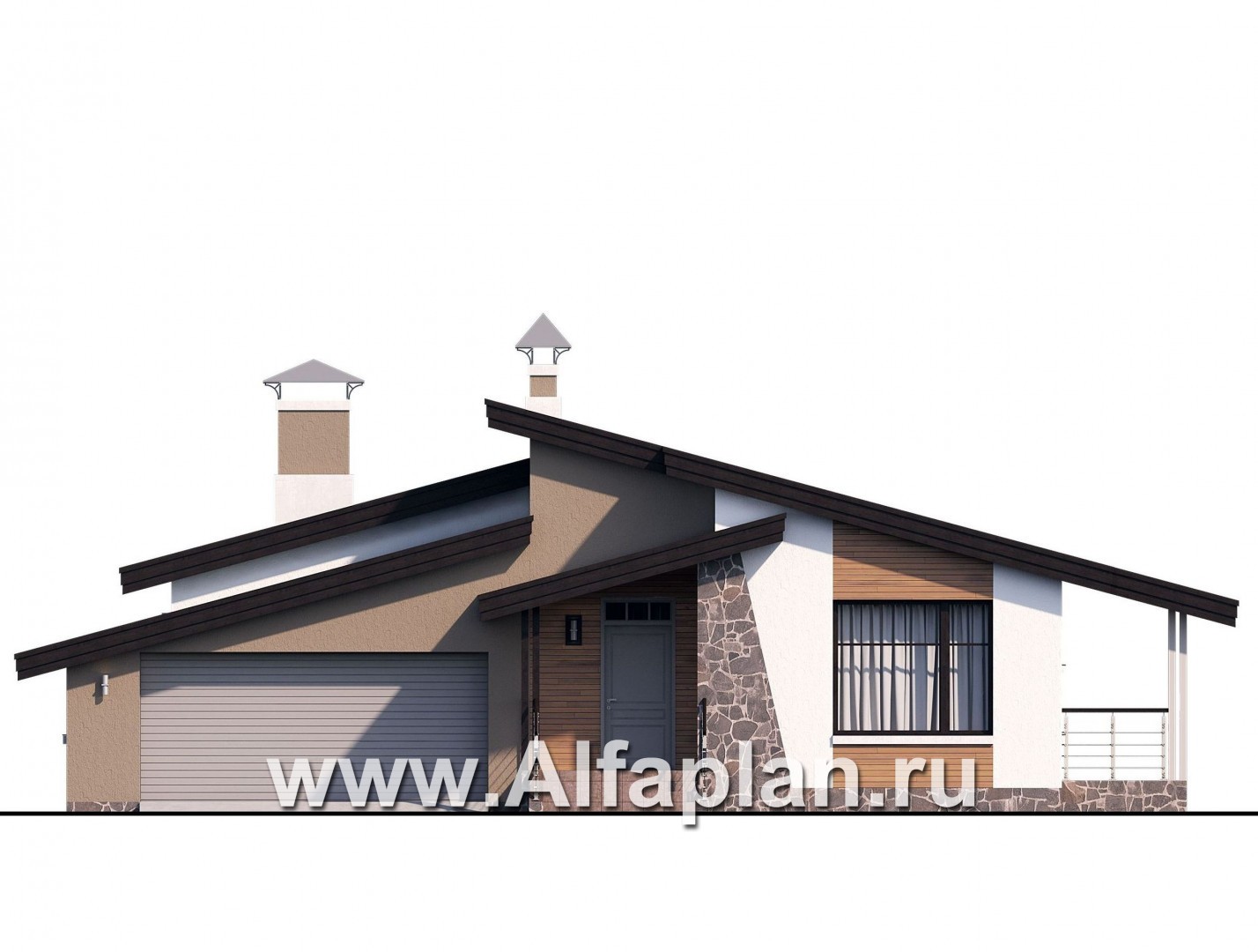 Проекты домов Альфаплан - «Санта-Моника» — одноэтажный коттедж с большим гаражом и террасой - изображение фасада №1