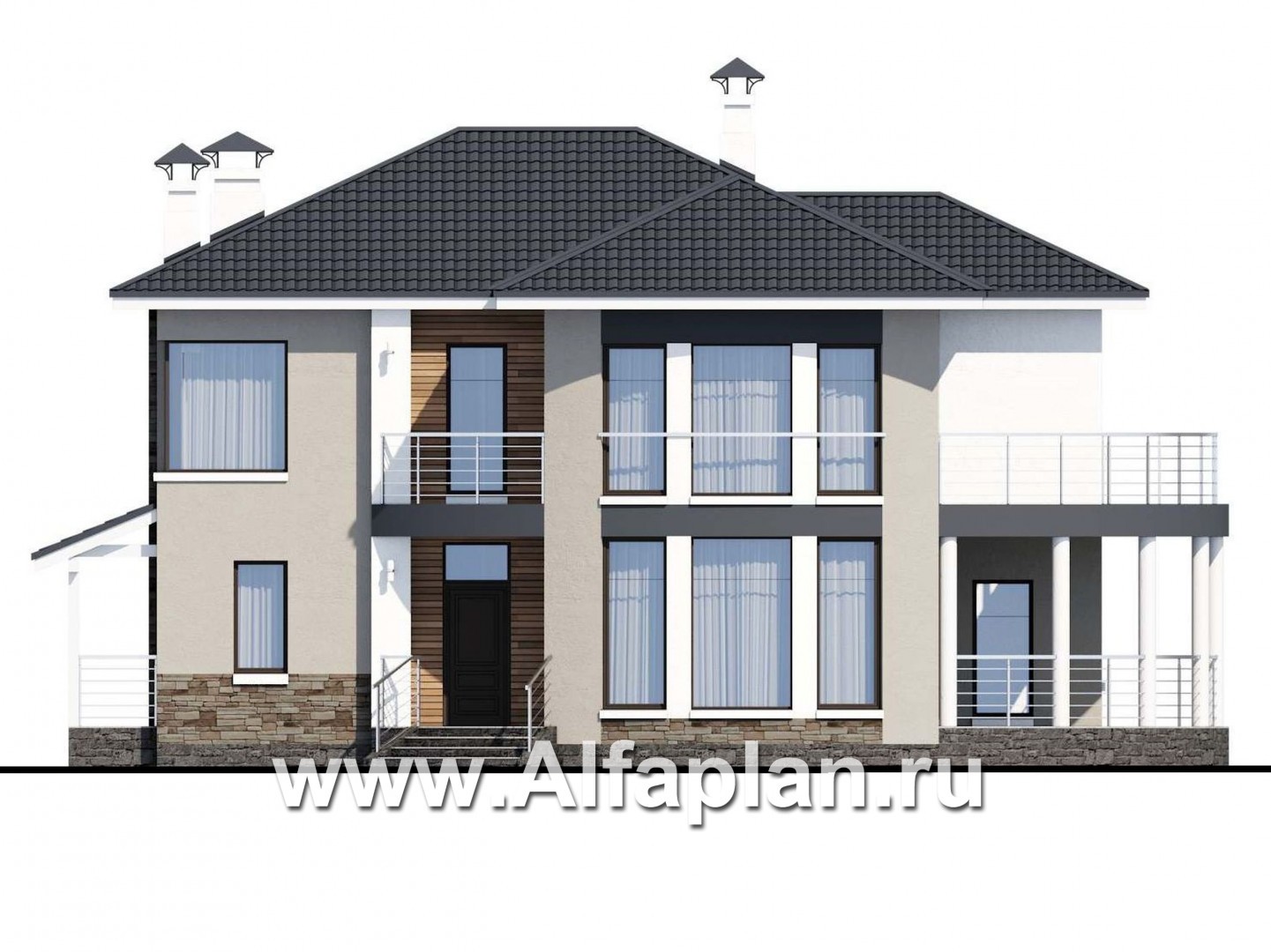 Проекты домов Альфаплан - «Меркурий» - стильный коттедж с большой террасой и балконом - изображение фасада №1