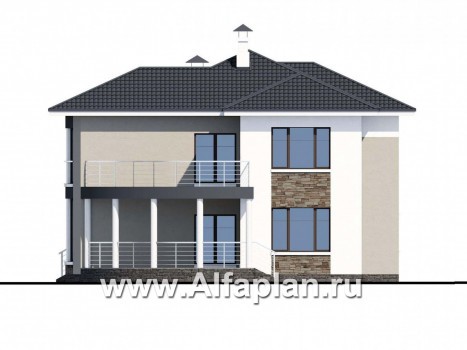 Проекты домов Альфаплан - «Меркурий» - стильный коттедж с большой террасой и балконом - превью фасада №2