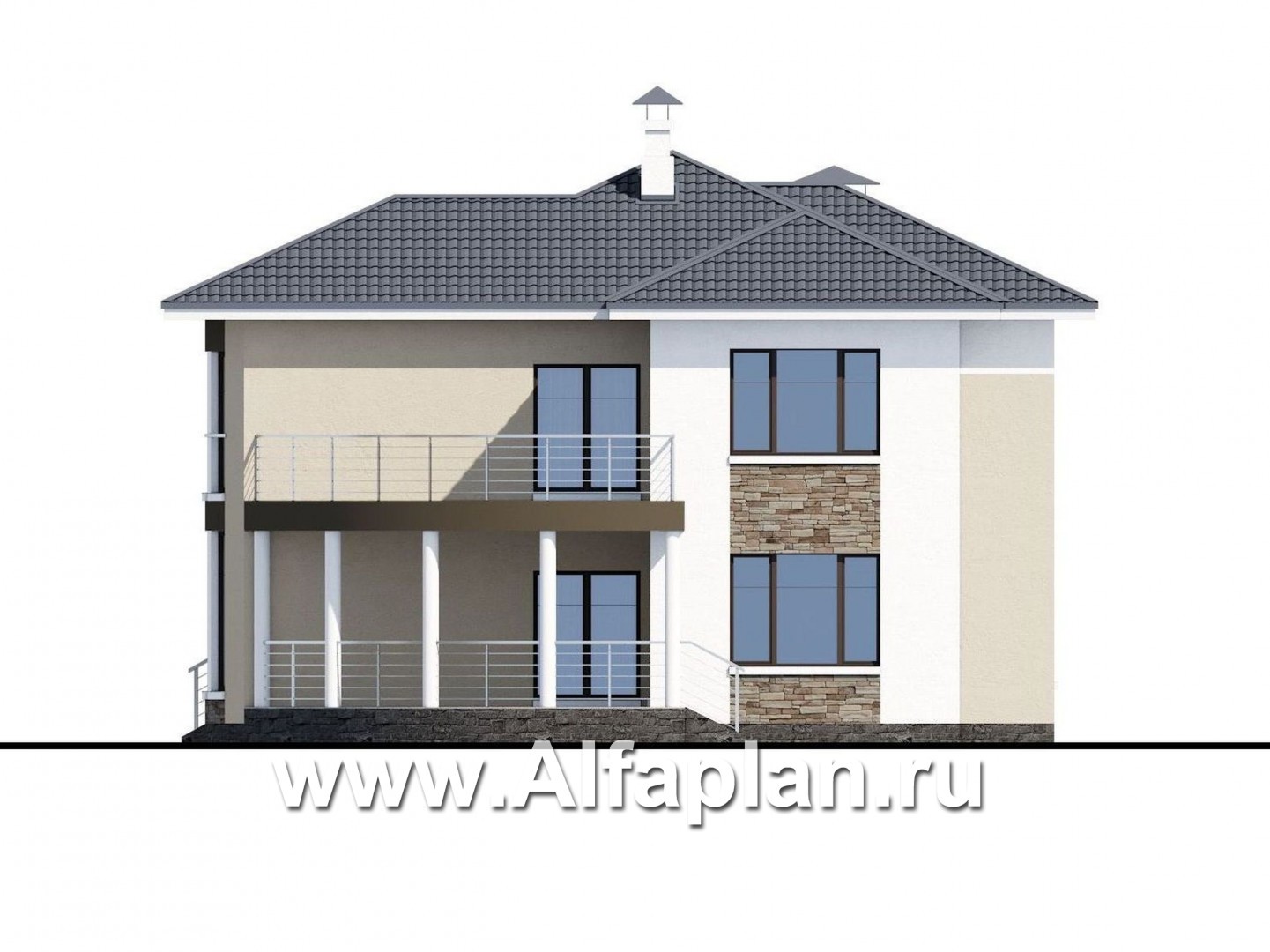 Проекты домов Альфаплан - «Меркурий» - стильный коттедж с большой террасой и балконом - изображение фасада №2