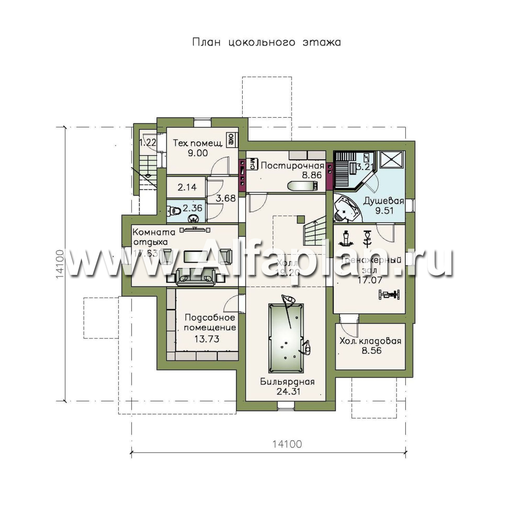 Проекты домов Альфаплан - «Голицын» - коттедж с двусветной гостиной и цоколем - план проекта №1