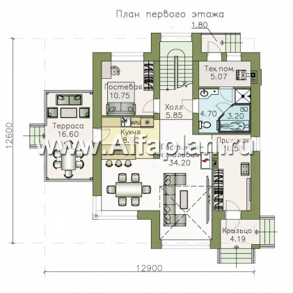 «Печора» - дизайн коттеджа в современном стиле, со вторым светом гостиной, с сауной и с террасой - превью план дома