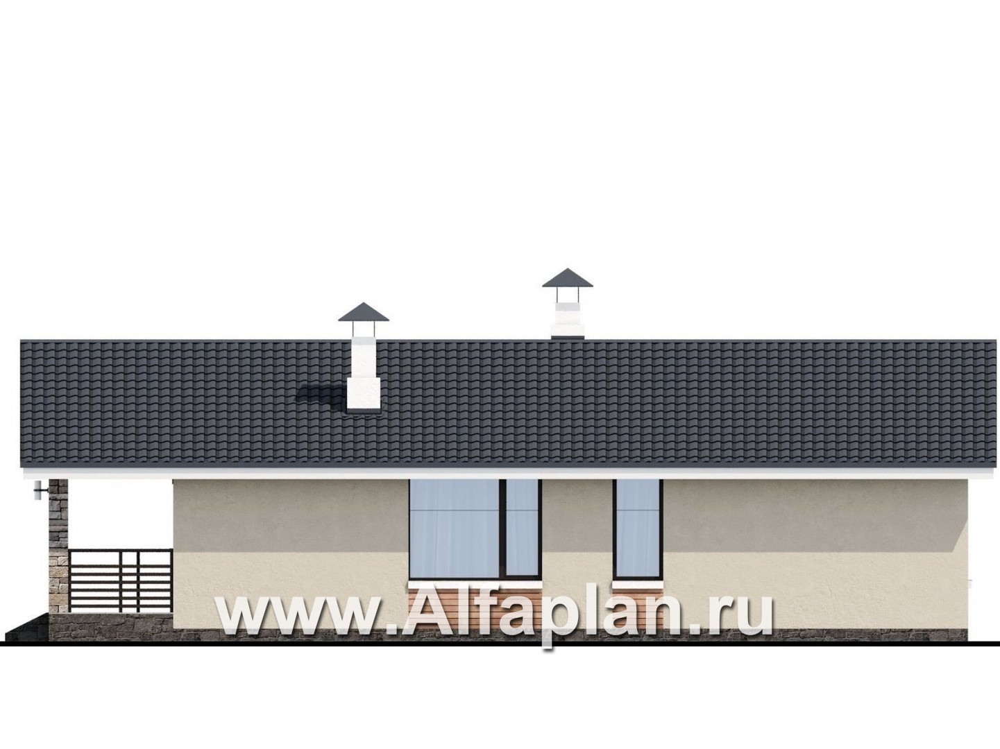 Проекты домов Альфаплан - «Родия» - одноэтажный коттедж с двускатной кровлей - изображение фасада №2