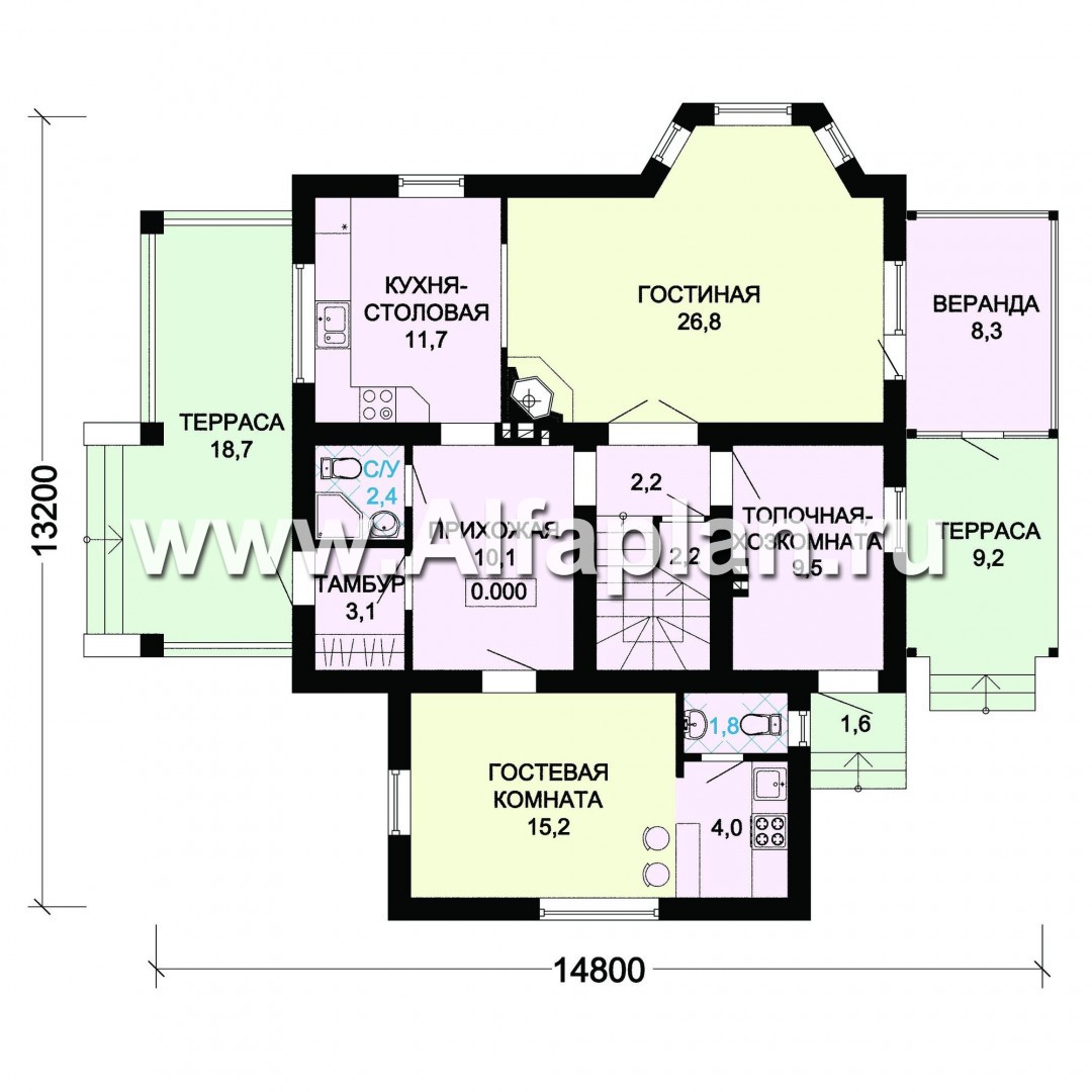 Проект дома с мансардой, планировка с гостевой квартирой, с эркером и с террасой - план дома