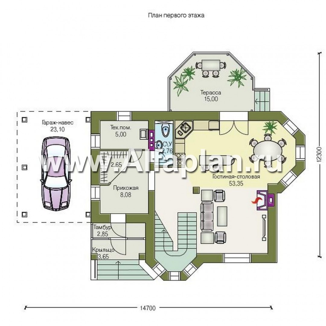 Проекты домов Альфаплан - «Лидер» - рациональный проект дома с навесом для машины - изображение плана проекта №1