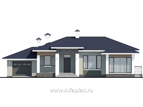 Проекты домов Альфаплан - «Теплый очаг» - компактный одноэтажный дом с гаражом - превью фасада №1