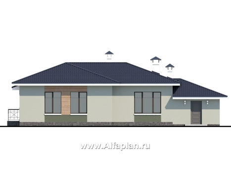 Проекты домов Альфаплан - «Теплый очаг» - компактный одноэтажный дом с гаражом - превью фасада №4