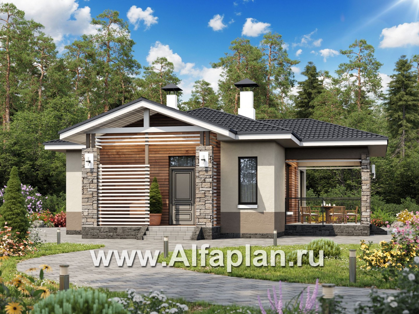 Проекты домов Альфаплан - «Мелета» - компактный и уютный одноэтажный дом с двумя спальнями - основное изображение