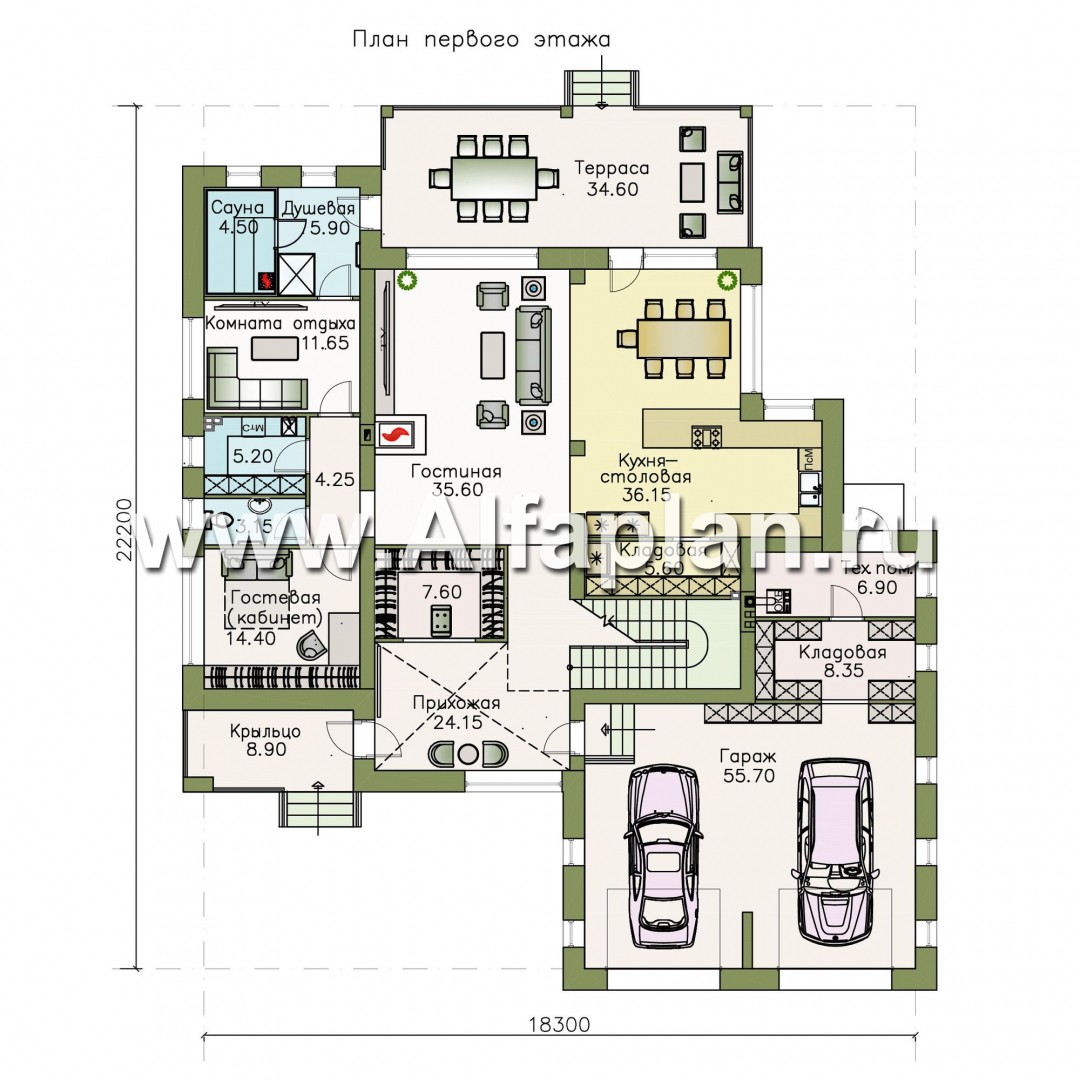 Проекты домов Альфаплан - «Альстер» — трехэтажный коттедж с гаражом и эксплуатируемой кровлей - изображение плана проекта №1
