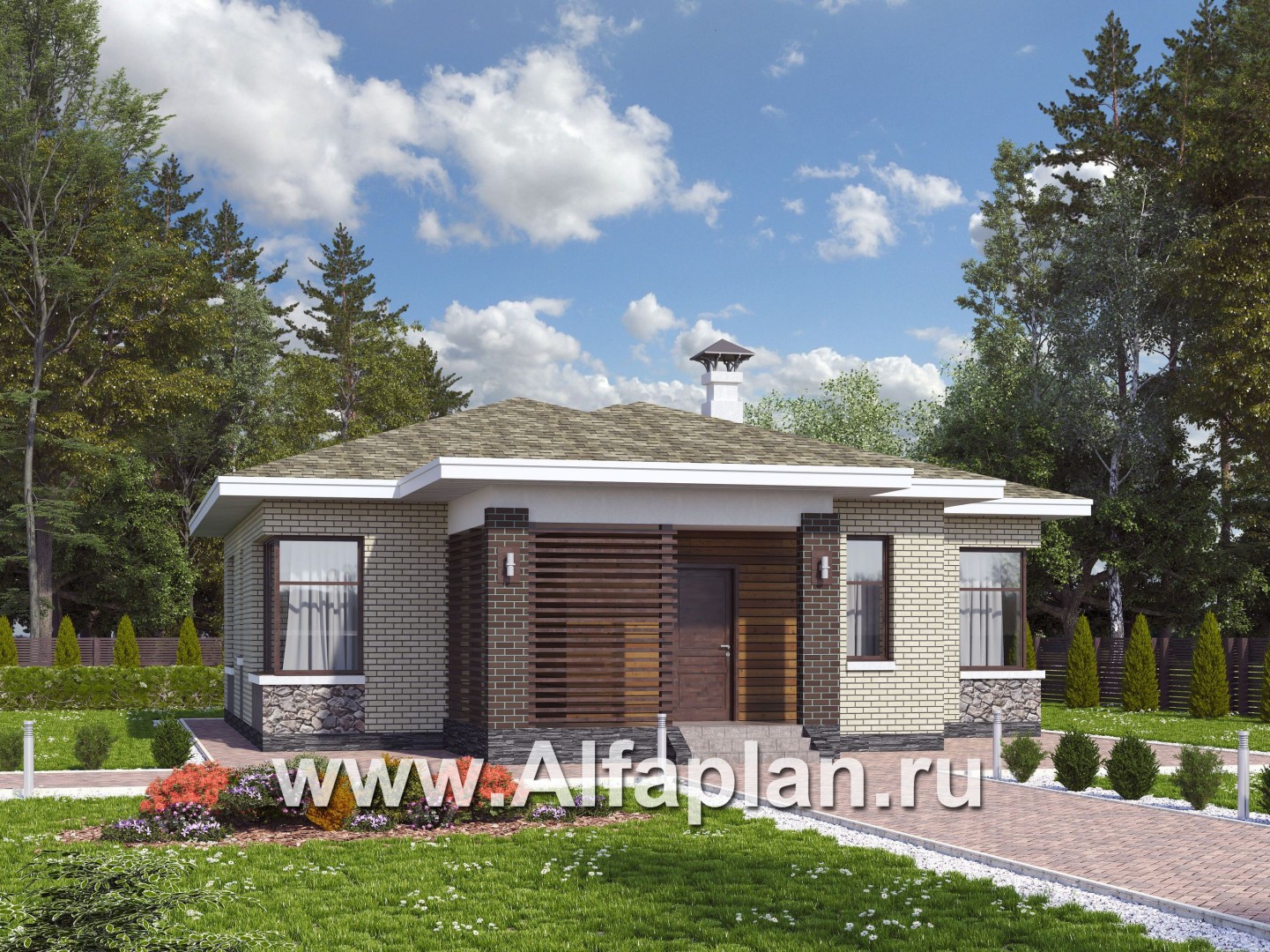 Проекты домов Альфаплан - Проект одноэтажного дома с угловыми окнами - основное изображение