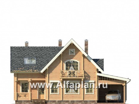 Проект деревянного дома с мансардой, из бревен, с верандой и навесом на 1 авто - превью фасада дома