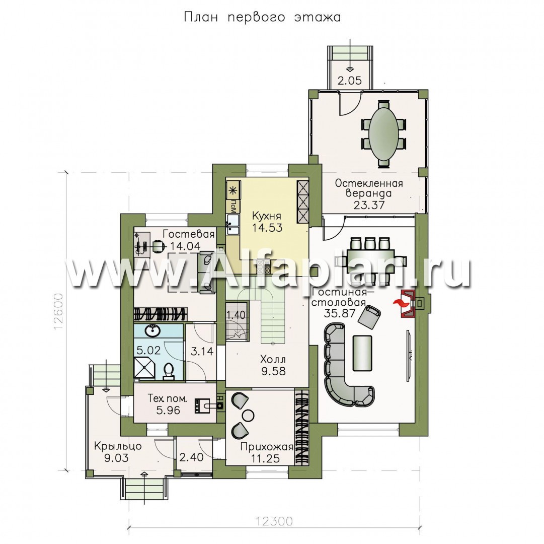 «Семь ветров» - проект двухэтажного дома, лестница в центре, с террасой, в стиле эклектика - план дома