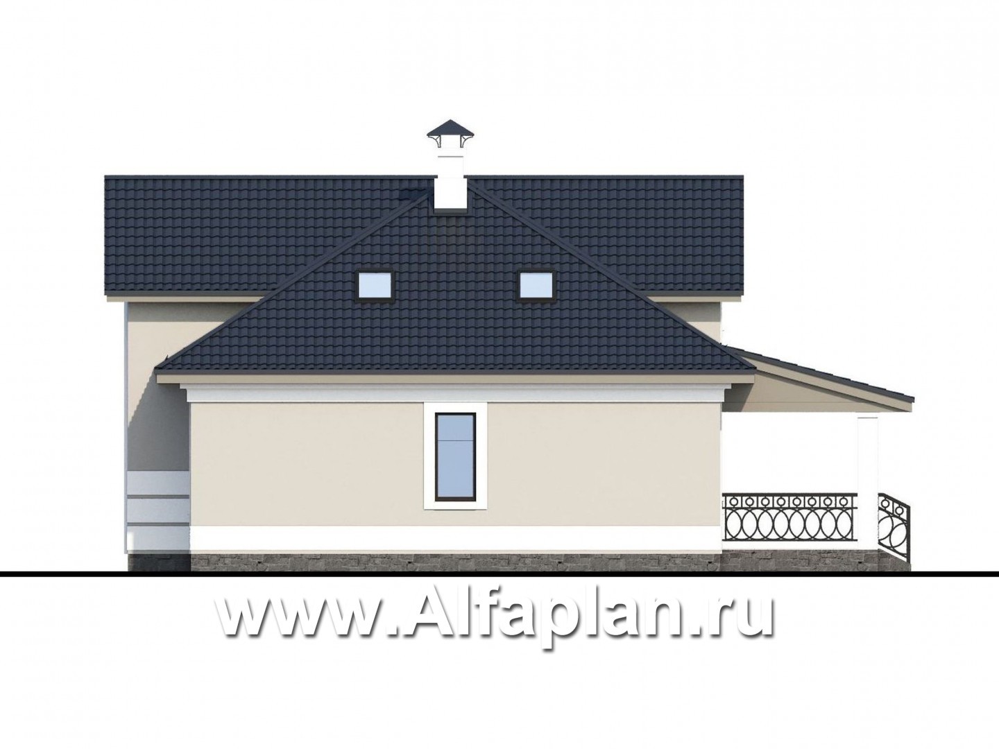 Проекты домов Альфаплан - «Волга» - коттедж с тремя жилыми комнатами на 1 этаже и с жилой мансардой - изображение фасада №2