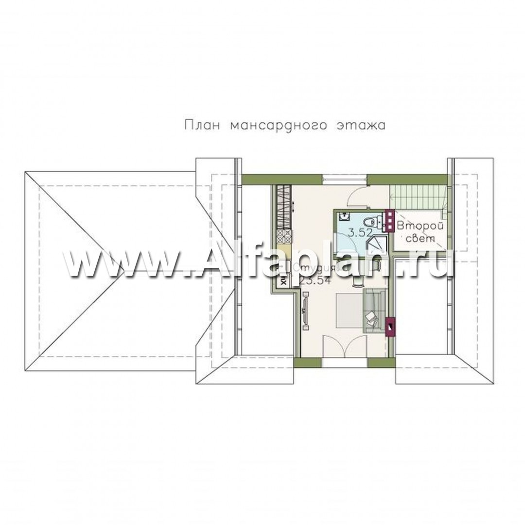 Проекты домов Альфаплан - Сауна с гостевой квартирой в мансарде и навесом на два автомобиля - изображение плана проекта №2