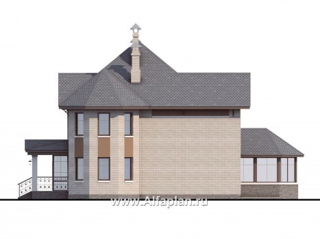 «Львиное сердце» - проект двухэтажного коттеджа, с эркером и с террасой, план дома с кабинетом на 1 эт - превью фасада дома