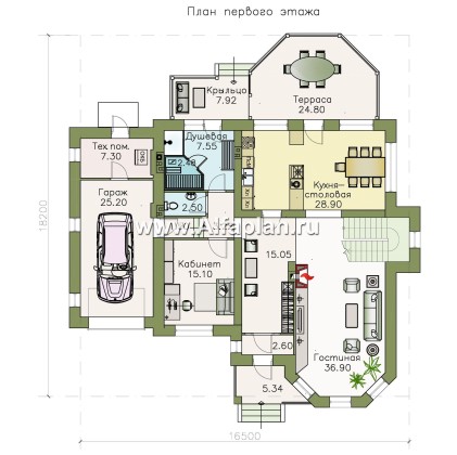 «Clever» - проект двухэтажного дома, планировка с эркером и кабинетом на 1 эт, с террасой и с гаражом - превью план дома