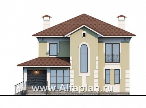 Проекты домов Альфаплан - «Кваренги» - классический коттедж с террасой и просторной лоджией - превью фасада №1