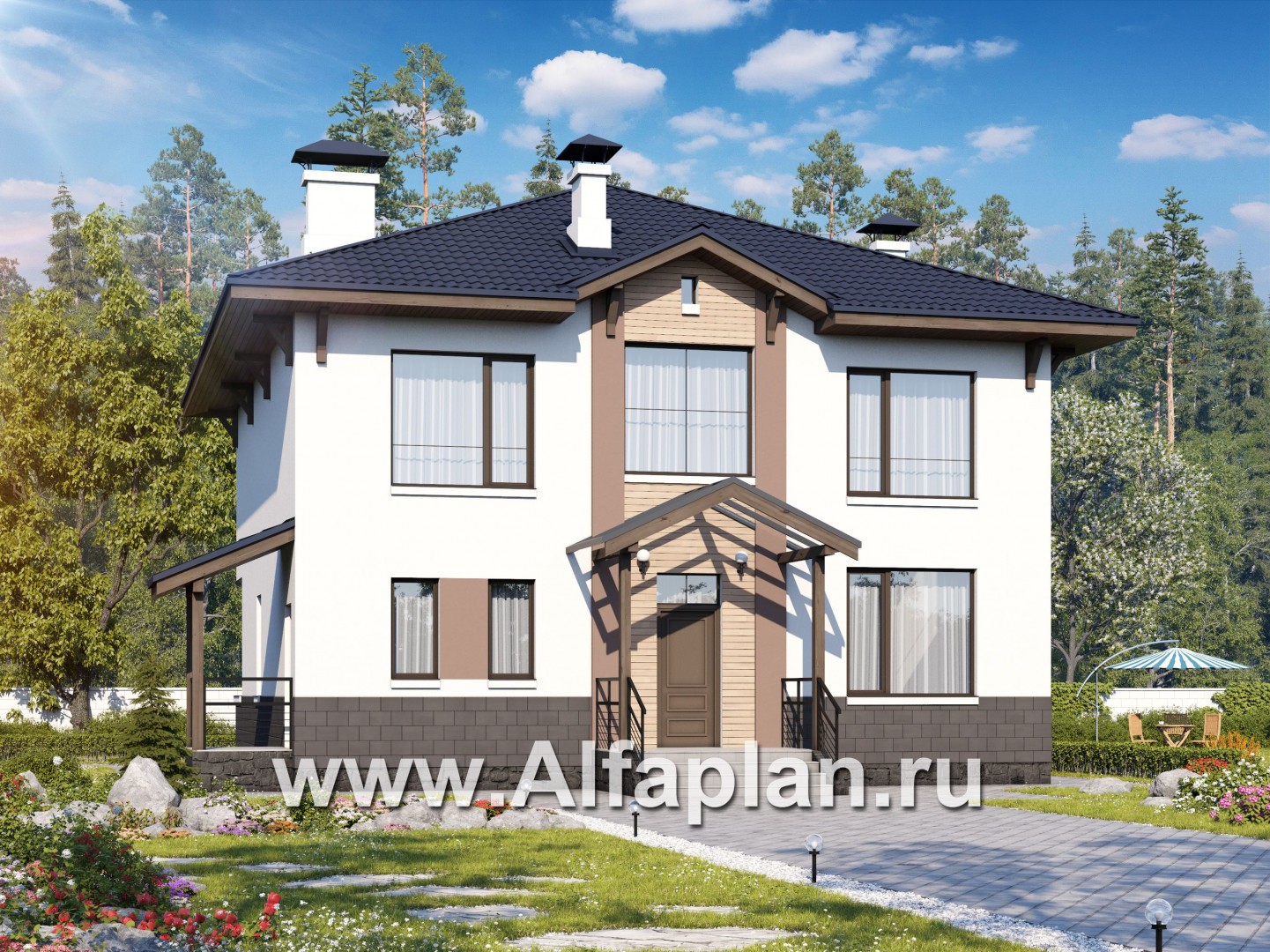 Проекты домов Альфаплан - «Четыре сезона» - современный дом с эффектной планировкой - основное изображение