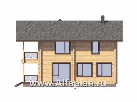 Проекты домов Альфаплан - Двухэтажный коттедж из бруса с террасой и балконом - превью фасада №4