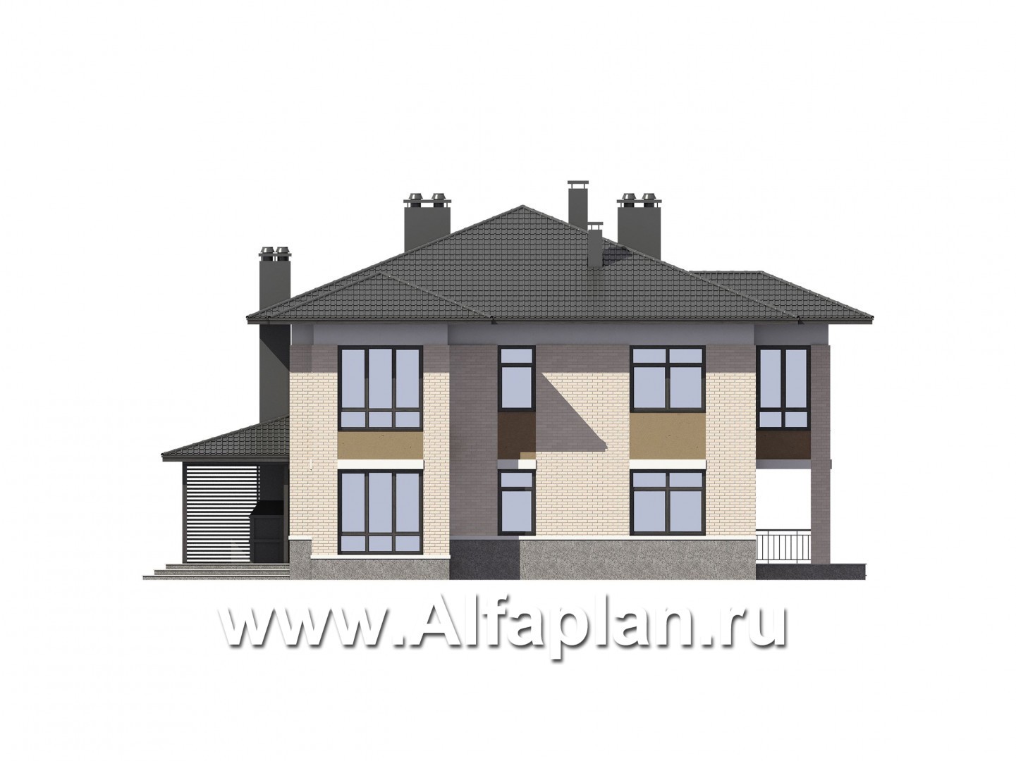 Проекты домов Альфаплан - Дом на две семьи с большими террасами-барбекю - изображение фасада №2