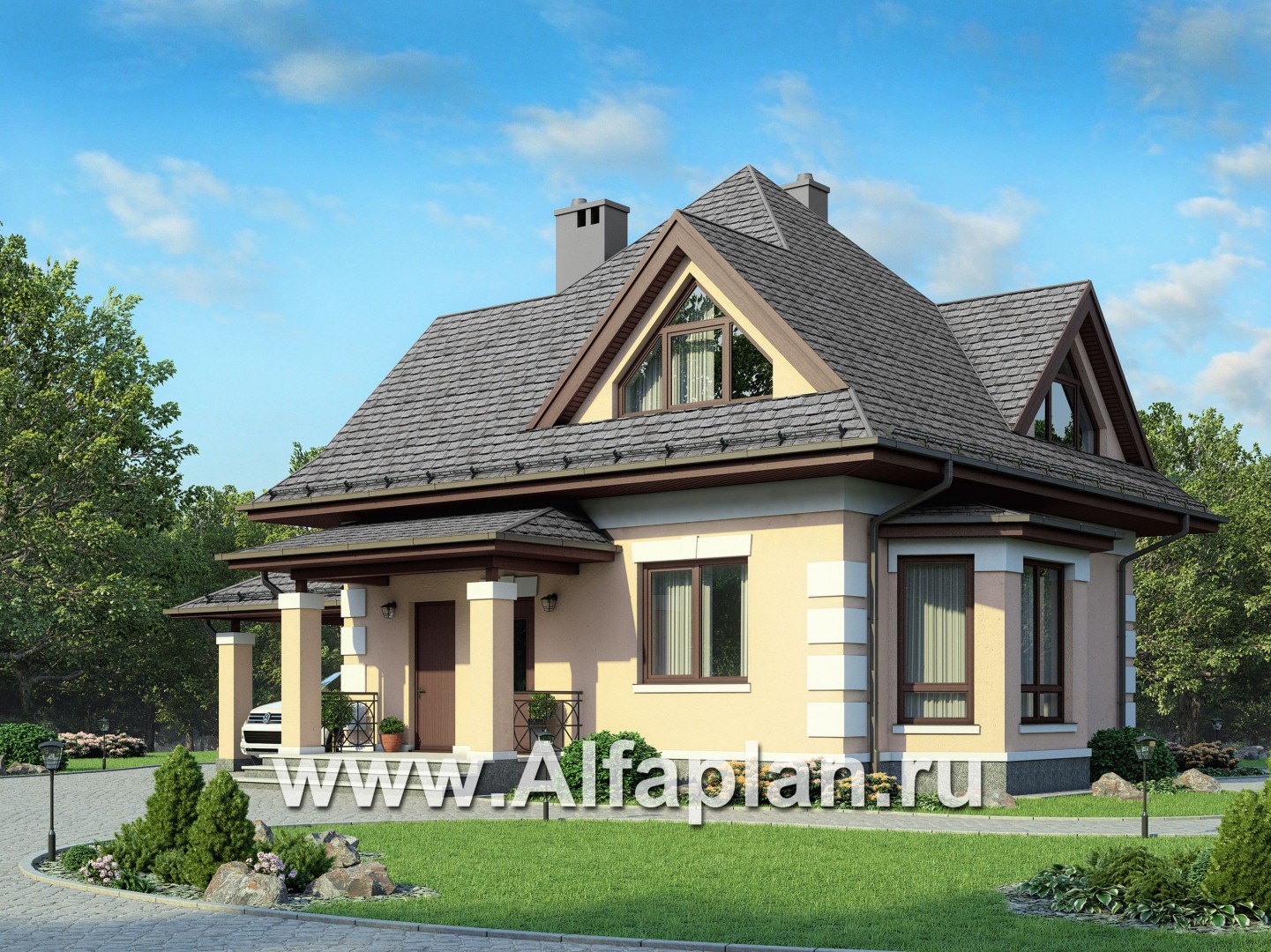 Проекты домов Альфаплан - Компактный мансардный дом с навесом для машины - дополнительное изображение №1
