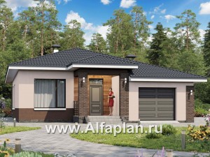 Проекты домов Альфаплан - «Каллиопа» - одноэтажный дом с террасой и гаражом (три спальни) - превью основного изображения