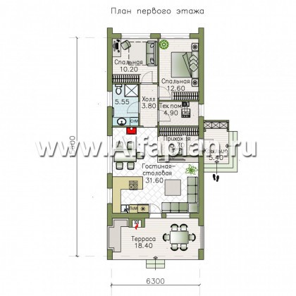 Проекты домов Альфаплан - «Тета» - одноэтажный дом с фальцевыми фасадами и кровлей - превью плана проекта №1