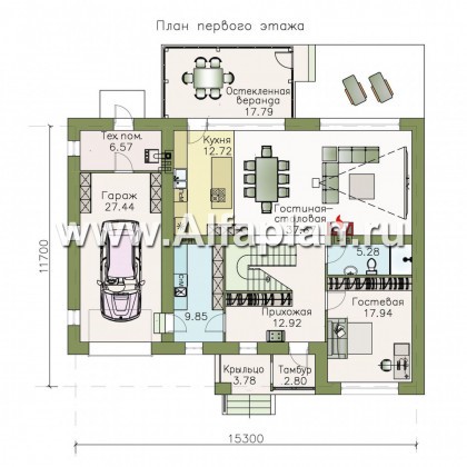 Проекты домов Альфаплан - «Седьмая высота» - стильный коттедж с гаражом и просторной верандой - превью плана проекта №1