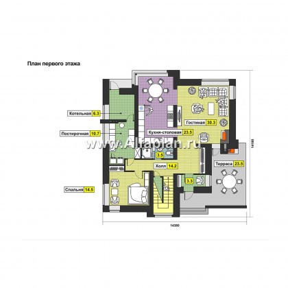 Проект двухэтажного дома, планировка с гостевой на 1 эт и вторым светом, с террасой, в современном стиле - превью план дома