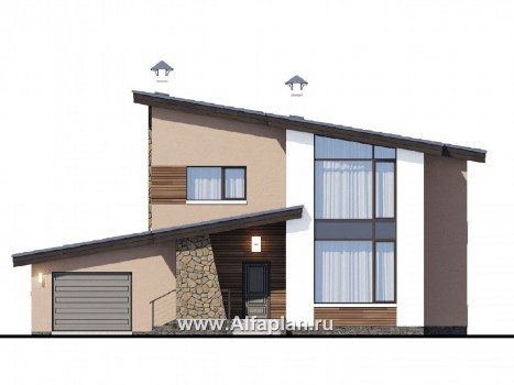 «Борей» - проект двухэтажного дома с террасой и гаражом на 1 авто, планировка с кабинетом на 1 эт, в современном стиле - превью фасада дома